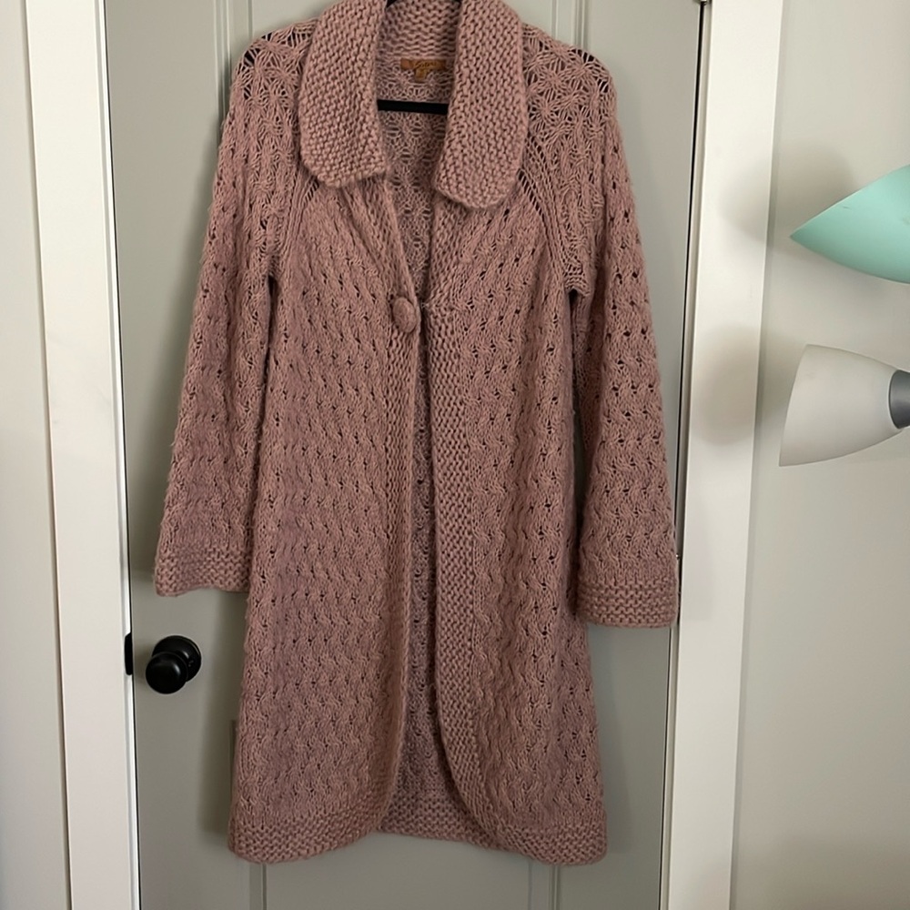 Sisters,  medium mauve color, the knee cardigan, sweater coat, one button snap.